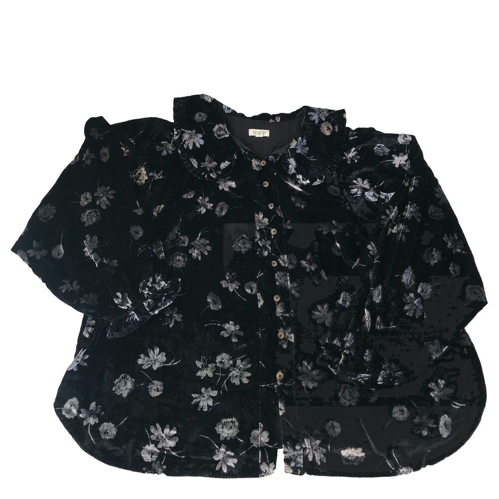 PILCRO Anthropologie Keira Peter Pan Collar Velvet Blouse 1X Black Floral Top